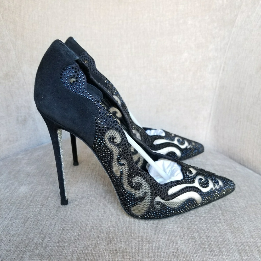 NIB Rene Caovilla Black Suede Strass Decollete